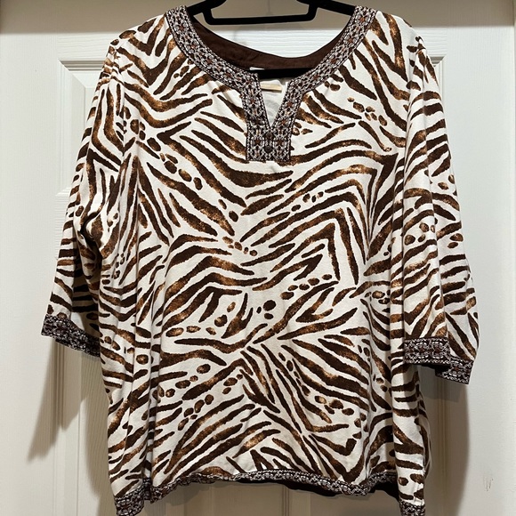 Alfred Dunner Brown Cream Zebra Print Blouse 3/4 Sleeve 3X Sequins - Picture 1 of 6